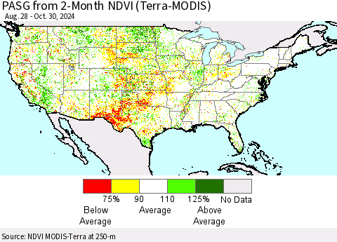 United States PASG from 2-Month NDVI (Terra-MODIS) Thematic Map For 10/23/2024 - 10/30/2024
