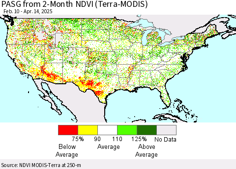 United States PASG from 2-Month NDVI (Terra-MODIS) Thematic Map For 4/7/2025 - 4/14/2025