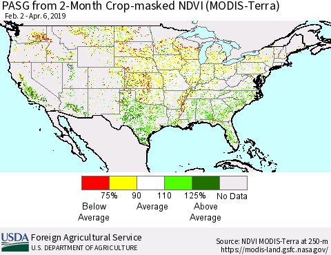 United States PASG from 2-Month Cropland NDVI (Terra-MODIS) Thematic Map For 4/1/2019 - 4/10/2019