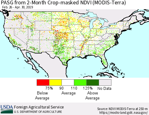 United States PASG from 2-Month Cropland NDVI (Terra-MODIS) Thematic Map For 4/21/2019 - 4/30/2019
