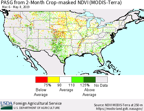 United States PASG from 2-Month Cropland NDVI (Terra-MODIS) Thematic Map For 5/1/2019 - 5/10/2019