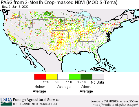 United States PASG from 2-Month Cropland NDVI (Terra-MODIS) Thematic Map For 1/1/2020 - 1/10/2020