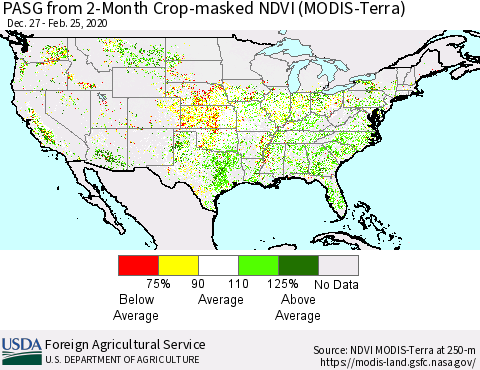 United States PASG from 2-Month Cropland NDVI (Terra-MODIS) Thematic Map For 2/21/2020 - 2/29/2020