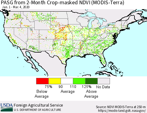 United States PASG from 2-Month Cropland NDVI (Terra-MODIS) Thematic Map For 3/1/2020 - 3/10/2020