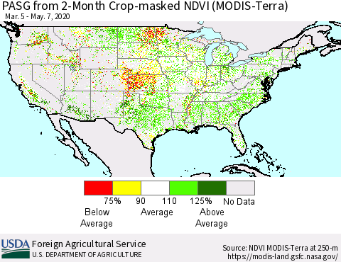 United States PASG from 2-Month Cropland NDVI (Terra-MODIS) Thematic Map For 5/1/2020 - 5/10/2020