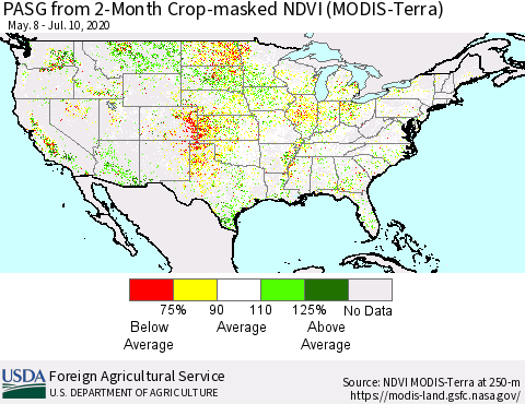 United States PASG from 2-Month Cropland NDVI (Terra-MODIS) Thematic Map For 7/1/2020 - 7/10/2020