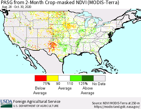United States PASG from 2-Month Crop-masked NDVI (MODIS-Terra) Thematic Map For 10/21/2020 - 10/31/2020