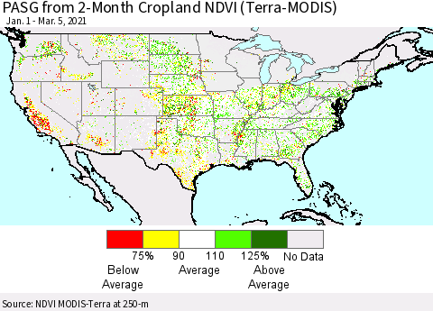 United States PASG from 2-Month Cropland NDVI (Terra-MODIS) Thematic Map For 2/26/2021 - 3/5/2021