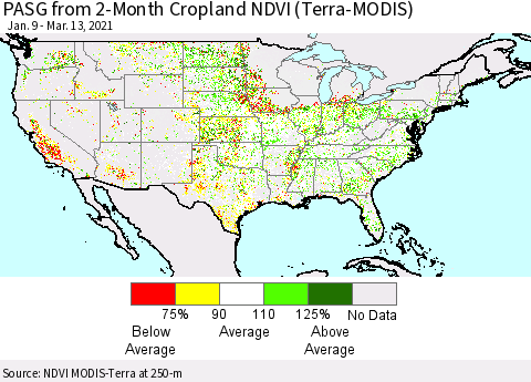 United States PASG from 2-Month Cropland NDVI (Terra-MODIS) Thematic Map For 3/6/2021 - 3/13/2021