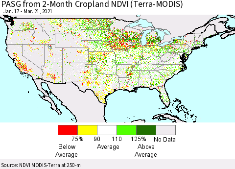 United States PASG from 2-Month Cropland NDVI (Terra-MODIS) Thematic Map For 3/14/2021 - 3/21/2021