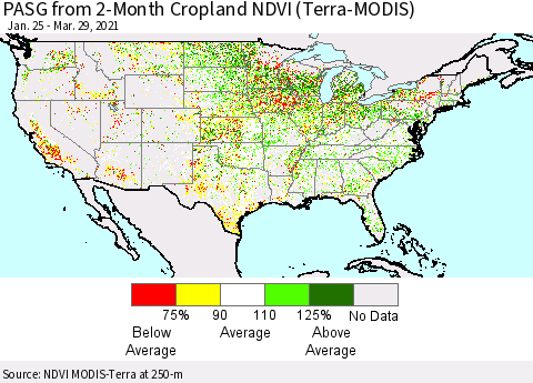 United States PASG from 2-Month Cropland NDVI (Terra-MODIS) Thematic Map For 3/22/2021 - 3/29/2021