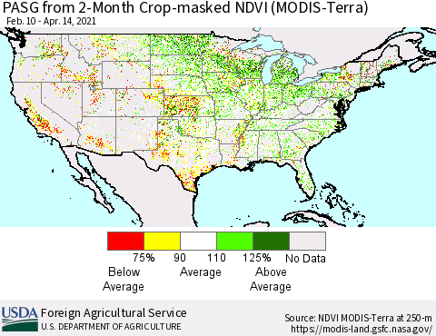 United States PASG from 2-Month Cropland NDVI (Terra-MODIS) Thematic Map For 4/11/2021 - 4/20/2021