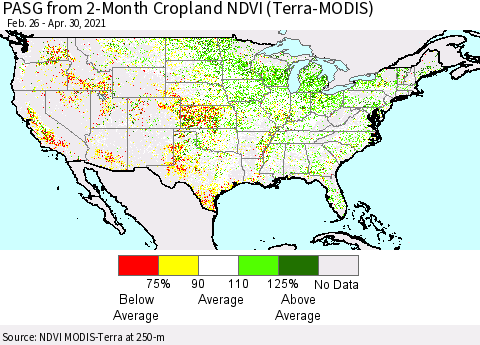 United States PASG from 2-Month Cropland NDVI (Terra-MODIS) Thematic Map For 4/21/2021 - 4/30/2021