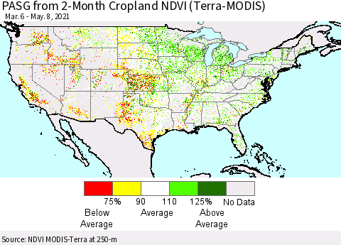 United States PASG from 2-Month Cropland NDVI (Terra-MODIS) Thematic Map For 5/1/2021 - 5/8/2021