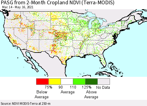 United States PASG from 2-Month Cropland NDVI (Terra-MODIS) Thematic Map For 5/9/2021 - 5/16/2021