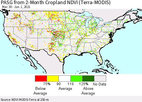 United States PASG from 2-Month Cropland NDVI (Terra-MODIS) Thematic Map For 5/25/2021 - 6/1/2021