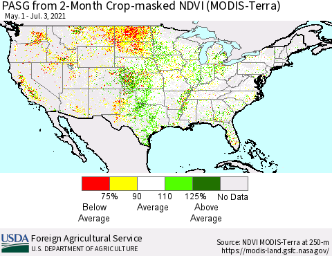 United States PASG from 2-Month Cropland NDVI (Terra-MODIS) Thematic Map For 7/1/2021 - 7/10/2021