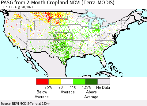 United States PASG from 2-Month Cropland NDVI (Terra-MODIS) Thematic Map For 8/11/2021 - 8/20/2021