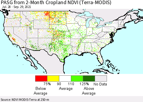 United States PASG from 2-Month Cropland NDVI (Terra-MODIS) Thematic Map For 9/22/2021 - 9/29/2021