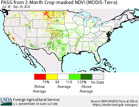 United States PASG from 2-Month Cropland NDVI (Terra-MODIS) Thematic Map For 9/21/2021 - 9/30/2021