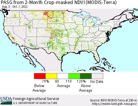 United States PASG from 2-Month Cropland NDVI (Terra-MODIS) Thematic Map For 10/1/2021 - 10/10/2021