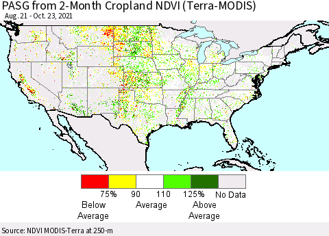 United States PASG from 2-Month Cropland NDVI (Terra-MODIS) Thematic Map For 10/16/2021 - 10/23/2021