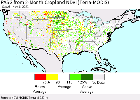 United States PASG from 2-Month Cropland NDVI (Terra-MODIS) Thematic Map For 11/1/2021 - 11/8/2021