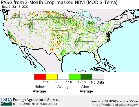 United States PASG from 2-Month Cropland NDVI (Terra-MODIS) Thematic Map For 1/1/2022 - 1/10/2022