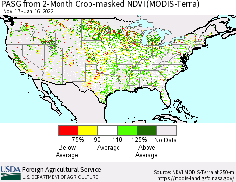 United States PASG from 2-Month Cropland NDVI (Terra-MODIS) Thematic Map For 1/11/2022 - 1/20/2022