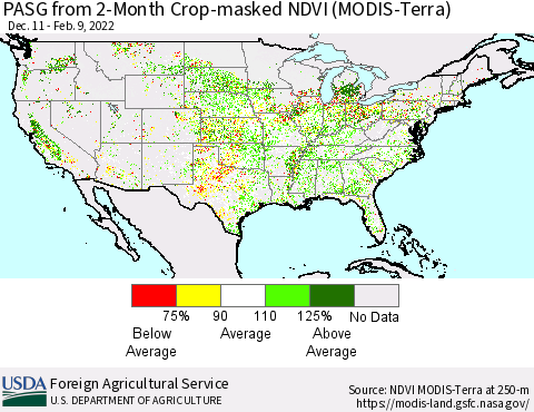 United States PASG from 2-Month Cropland NDVI (Terra-MODIS) Thematic Map For 2/1/2022 - 2/10/2022