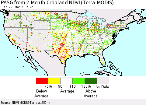 United States PASG from 2-Month Cropland NDVI (Terra-MODIS) Thematic Map For 3/22/2022 - 3/29/2022
