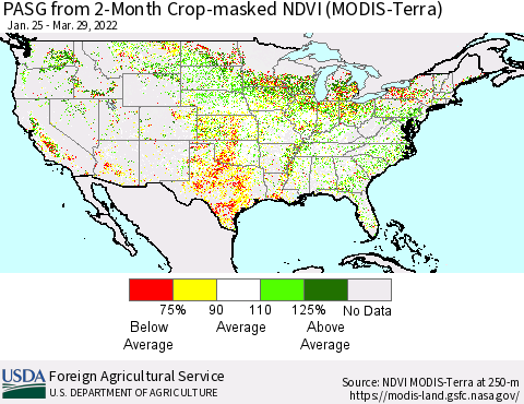 United States PASG from 2-Month Cropland NDVI (Terra-MODIS) Thematic Map For 3/21/2022 - 3/31/2022