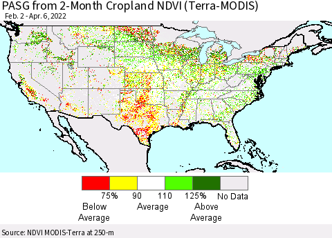 United States PASG from 2-Month Cropland NDVI (Terra-MODIS) Thematic Map For 3/30/2022 - 4/6/2022
