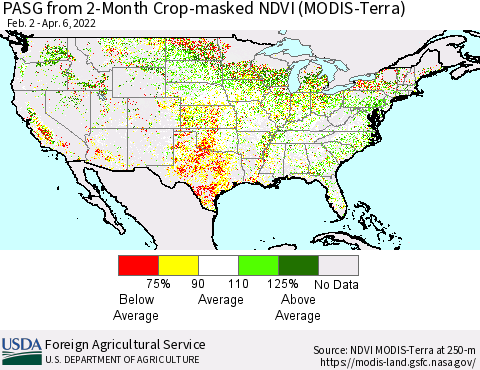 United States PASG from 2-Month Cropland NDVI (Terra-MODIS) Thematic Map For 4/1/2022 - 4/10/2022