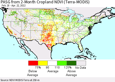 United States PASG from 2-Month Cropland NDVI (Terra-MODIS) Thematic Map For 4/15/2022 - 4/22/2022
