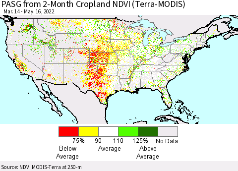 United States PASG from 2-Month Cropland NDVI (Terra-MODIS) Thematic Map For 5/9/2022 - 5/16/2022