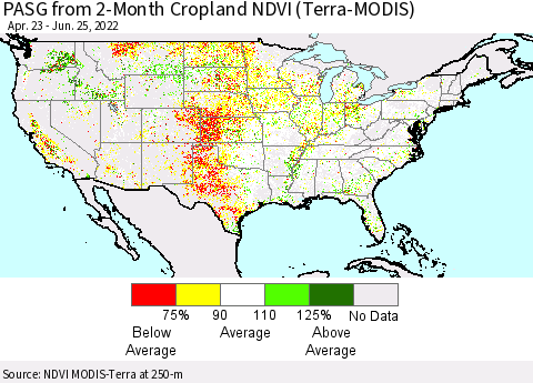United States PASG from 2-Month Cropland NDVI (Terra-MODIS) Thematic Map For 6/18/2022 - 6/25/2022