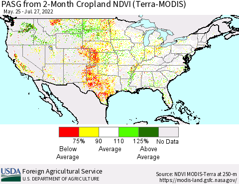 United States PASG from 2-Month Cropland NDVI (Terra-MODIS) Thematic Map For 7/21/2022 - 7/31/2022