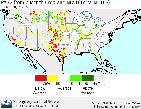 United States PASG from 2-Month Cropland NDVI (Terra-MODIS) Thematic Map For 8/1/2022 - 8/10/2022