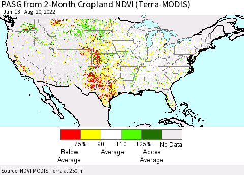 United States PASG from 2-Month Cropland NDVI (Terra-MODIS) Thematic Map For 8/11/2022 - 8/20/2022