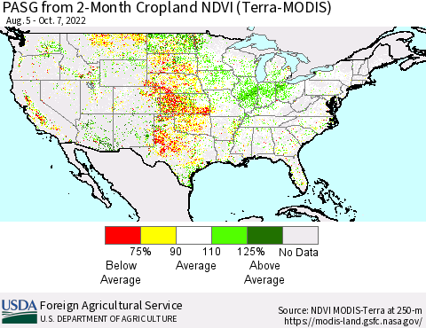 United States PASG from 2-Month Cropland NDVI (Terra-MODIS) Thematic Map For 10/1/2022 - 10/10/2022