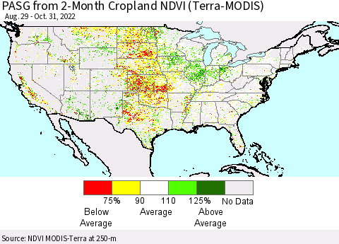 United States PASG from 2-Month Cropland NDVI (Terra-MODIS) Thematic Map For 10/21/2022 - 10/31/2022