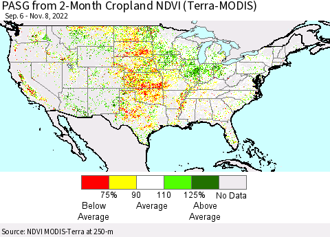 United States PASG from 2-Month Cropland NDVI (Terra-MODIS) Thematic Map For 11/1/2022 - 11/8/2022