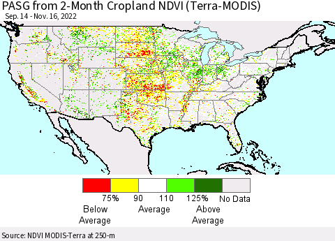 United States PASG from 2-Month Cropland NDVI (Terra-MODIS) Thematic Map For 11/9/2022 - 11/16/2022