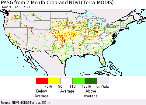 United States PASG from 2-Month Cropland NDVI (Terra-MODIS) Thematic Map For 1/1/2023 - 1/8/2023