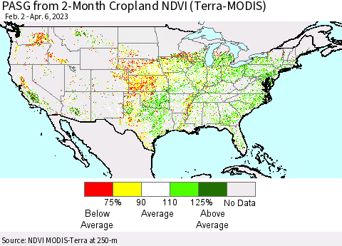 United States PASG from 2-Month Cropland NDVI (Terra-MODIS) Thematic Map For 3/30/2023 - 4/6/2023