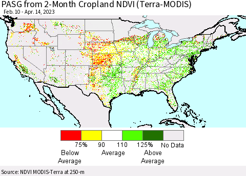 United States PASG from 2-Month Cropland NDVI (Terra-MODIS) Thematic Map For 4/7/2023 - 4/14/2023