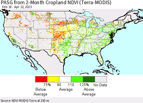 United States PASG from 2-Month Cropland NDVI (Terra-MODIS) Thematic Map For 4/15/2023 - 4/22/2023