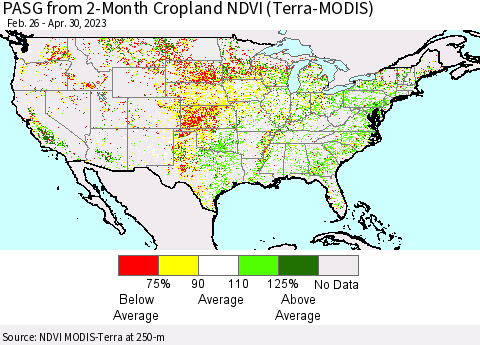 United States PASG from 2-Month Cropland NDVI (Terra-MODIS) Thematic Map For 4/21/2023 - 4/30/2023