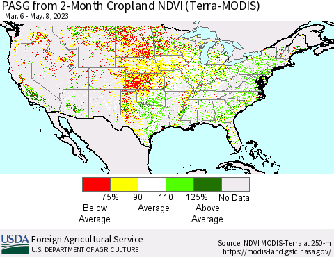 United States PASG from 2-Month Cropland NDVI (Terra-MODIS) Thematic Map For 5/1/2023 - 5/10/2023